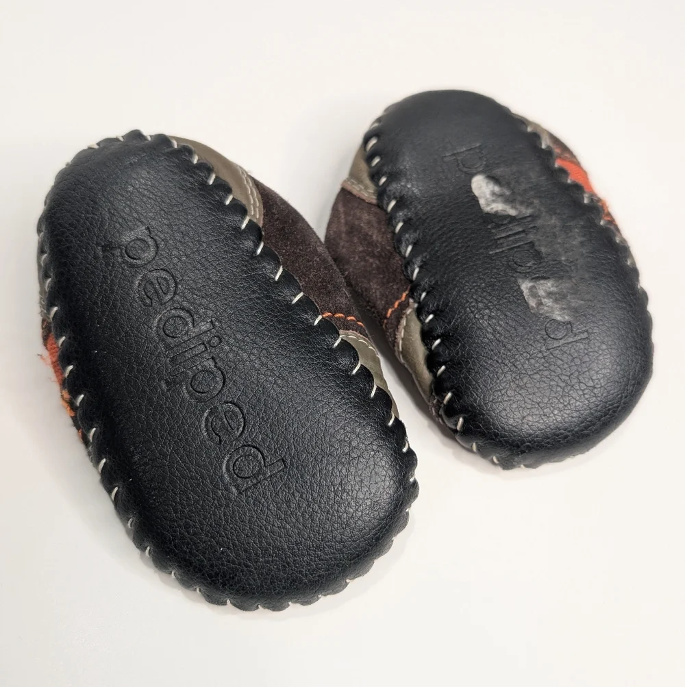 Pediped Leather Baby Shoes | Size 12–18 Months | Soft Sole Flex | Gray‎ & Orange